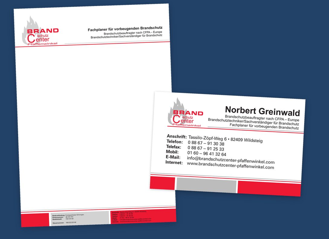 Briefpapier und Visitenkarte für das Brandschutzcenter Pfaffenwinkel