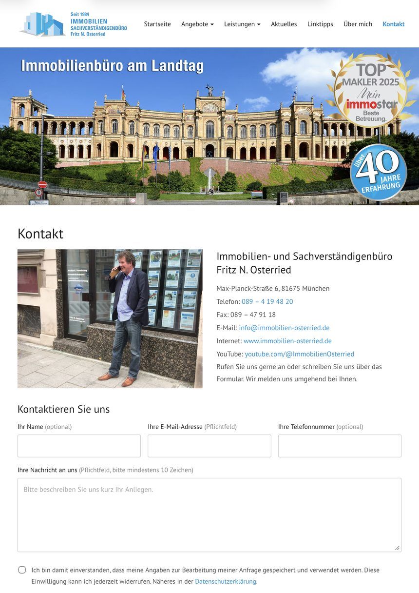 Desktopansicht der Website Immobilien Osterried