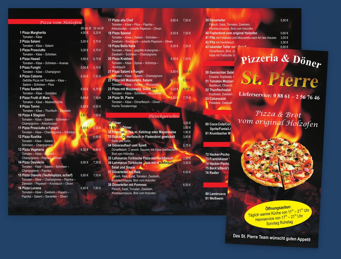 Aufgeklappte Speisekarte der Pizzeria St. Pierre mit Titelseite davor