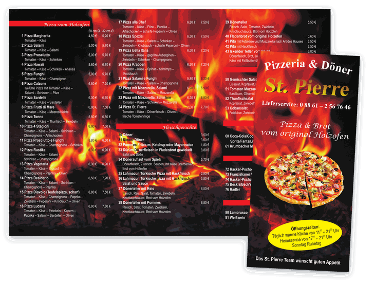 Aufgeklappte Speisekarte der Pizzeria St. Pierre mit Titelseite