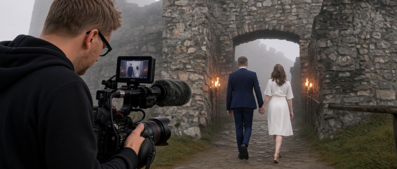 Setfoto vom Dreh des Musikvideos „Follow You In“ an der Burgruine Eisenberg