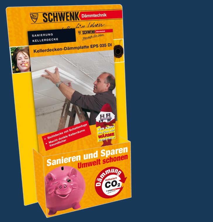 Aufgebauter SCHWENK-Thekenaufsteller mit Prospektfach